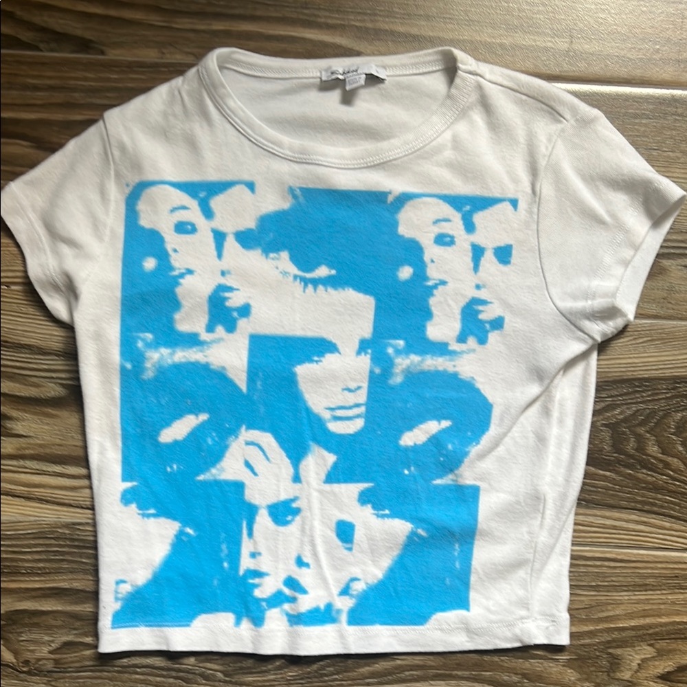 White and Blue Graphic Crop Top